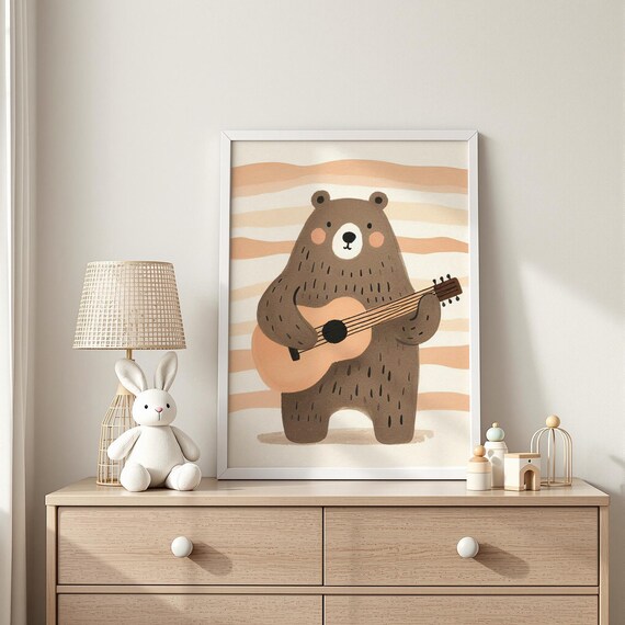 Bear Guitar Player Nursery Art Brown Playing Acoustic Wall Print Musical Kids Room Decor