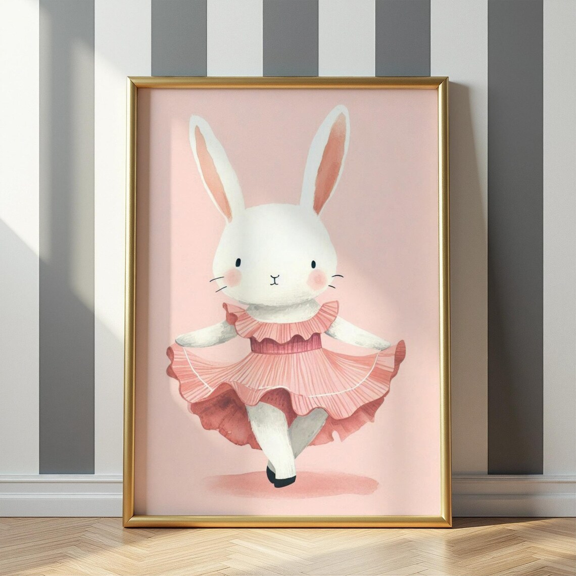 Bunny Ballerina Twirling In Pink Ruffled Dress Dance Nursery Poster