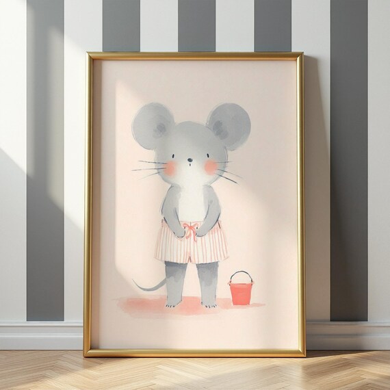 Pastel Beach Mouse in Swim Shorts With Red Bucket Nursery Poster