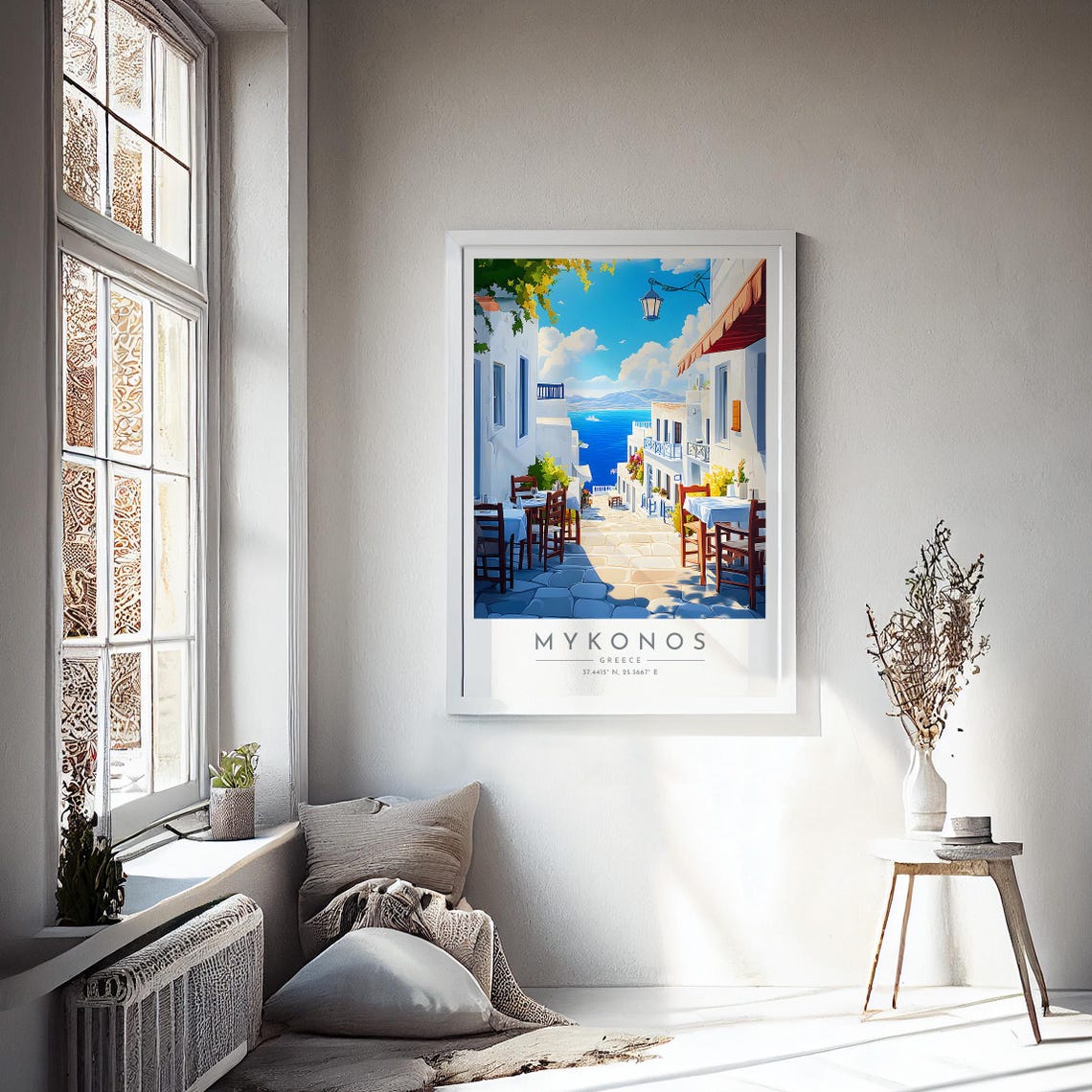 Mykonos White Alley Cafes Blue Sea Flowers Greece Travel Poster - Image 4