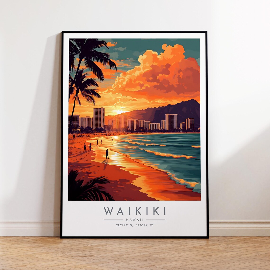 Waikiki Beach Hawaii Sunset Palms Diamond Head Shoreline Travel Poster