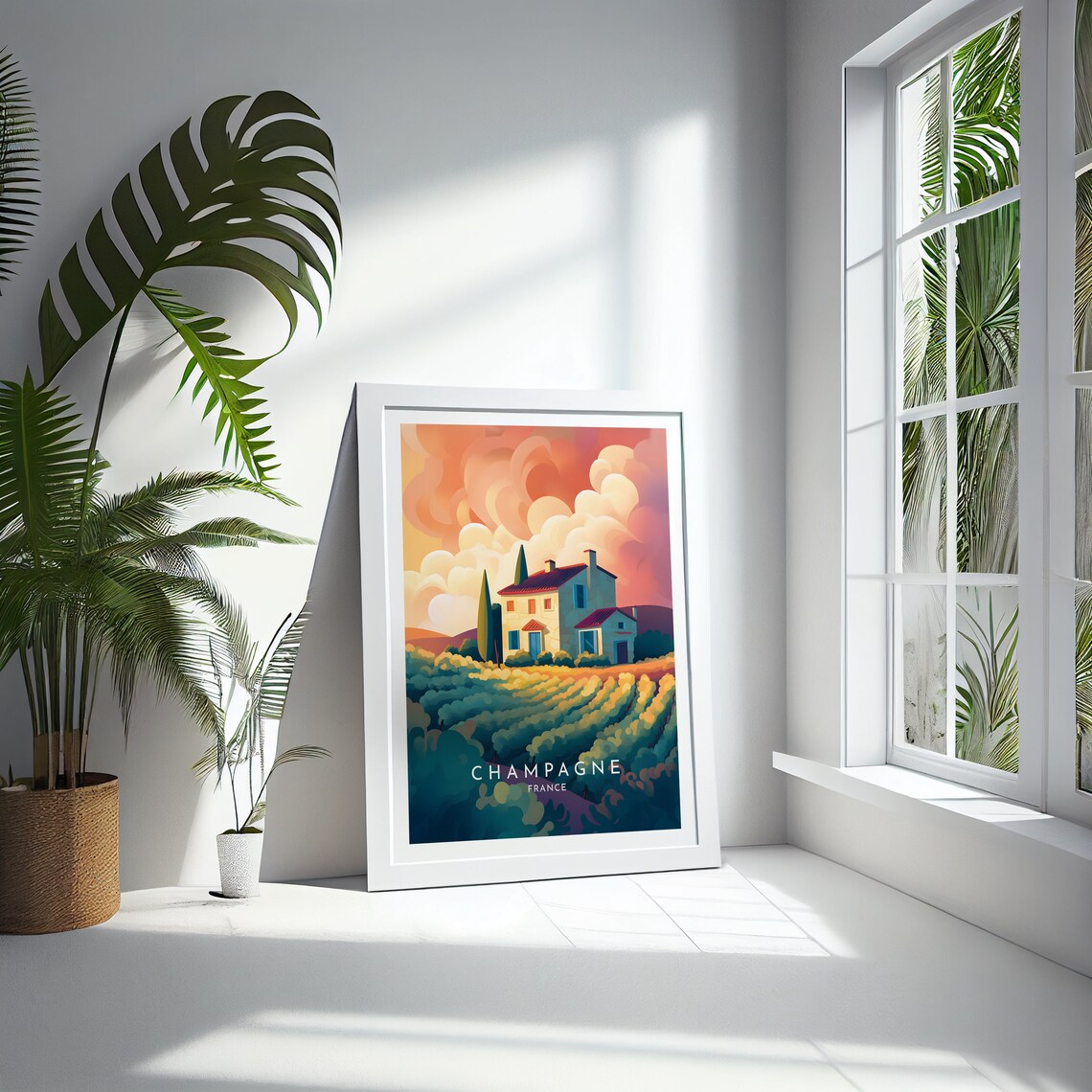 Champagne France Vineyard Farmhouse Sunset Countryside Travel Poster - Image 4