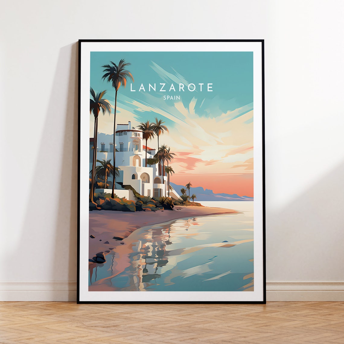 Lanzarote Spain Canarian White Villa Palms Beach Sunset Poster
