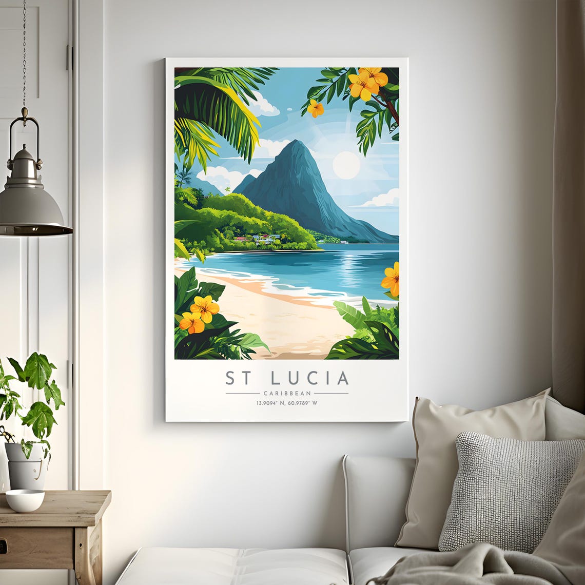 St Lucia Pitons Volcanic Peak Palm Beach Caribbean Travel Poster - Image 2
