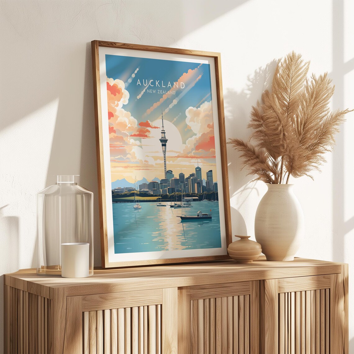 Auckland New Zealand Sky Tower Harbor Sunset Golden Sailboats Poster - Image 2