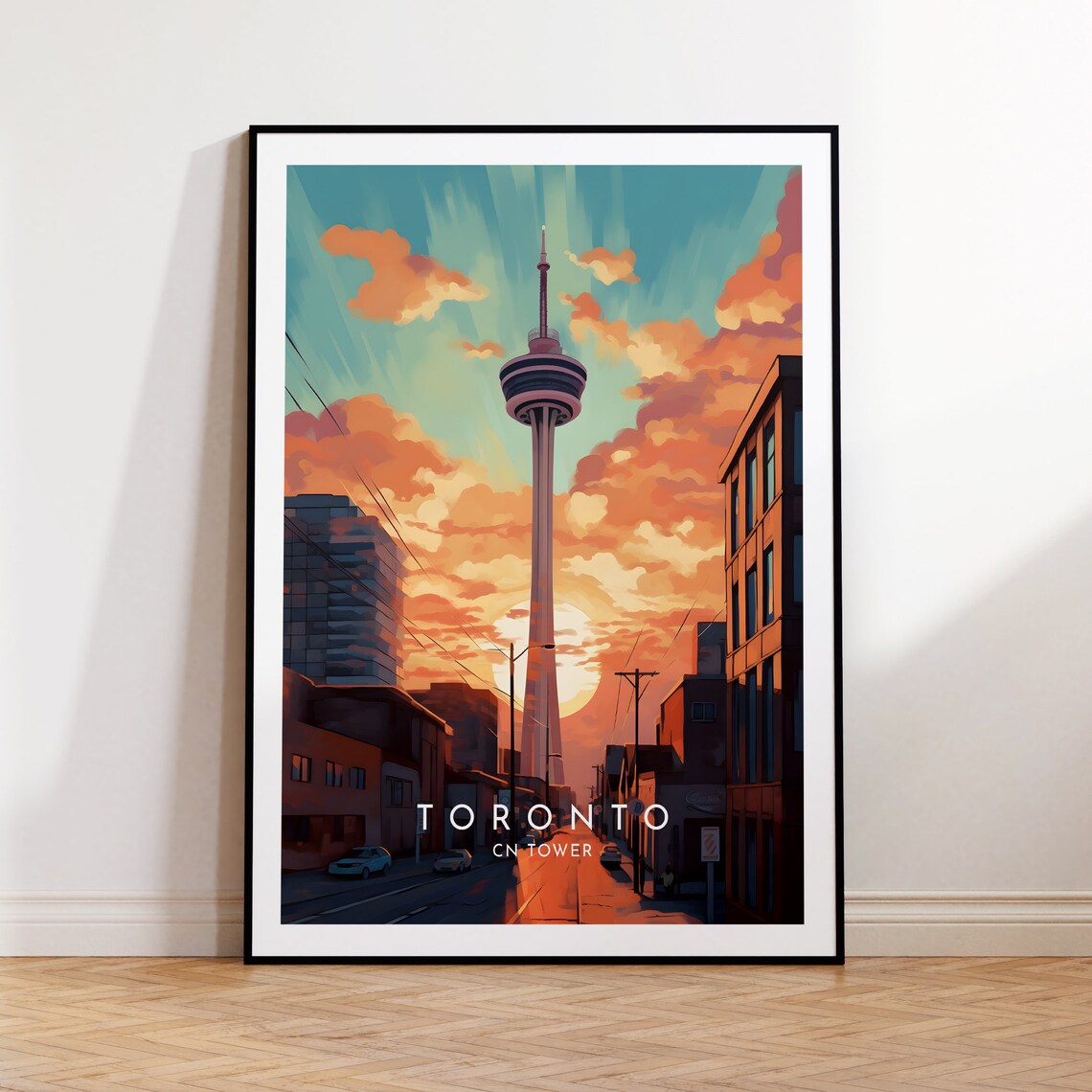 Toronto CN Tower Sunset Street Blazing Orange Skyline Art Poster