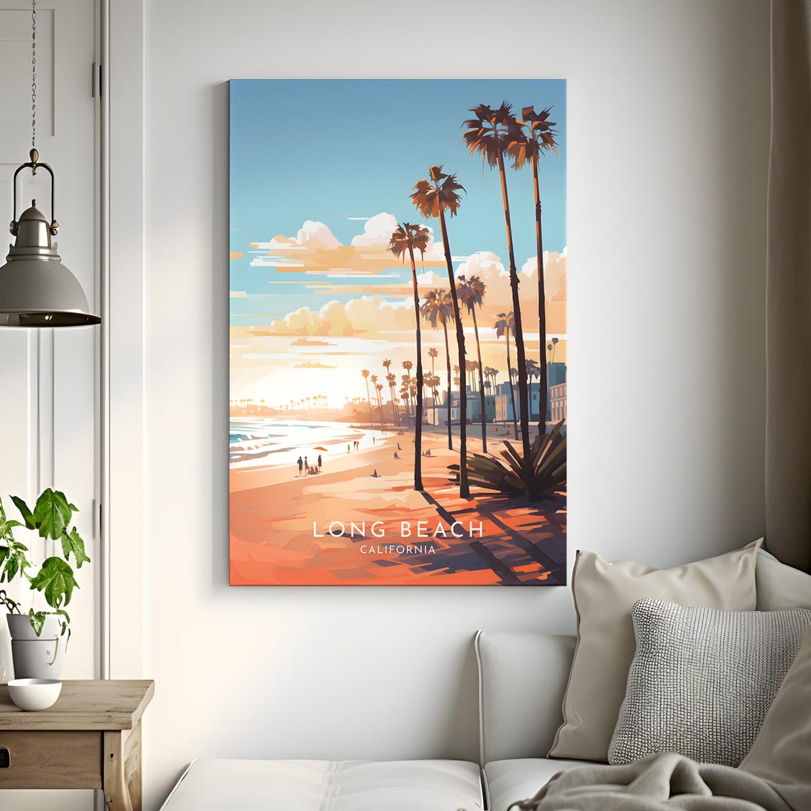 Long Beach California Palm Lined Shore Sunset Beach Day Poster - Image 3