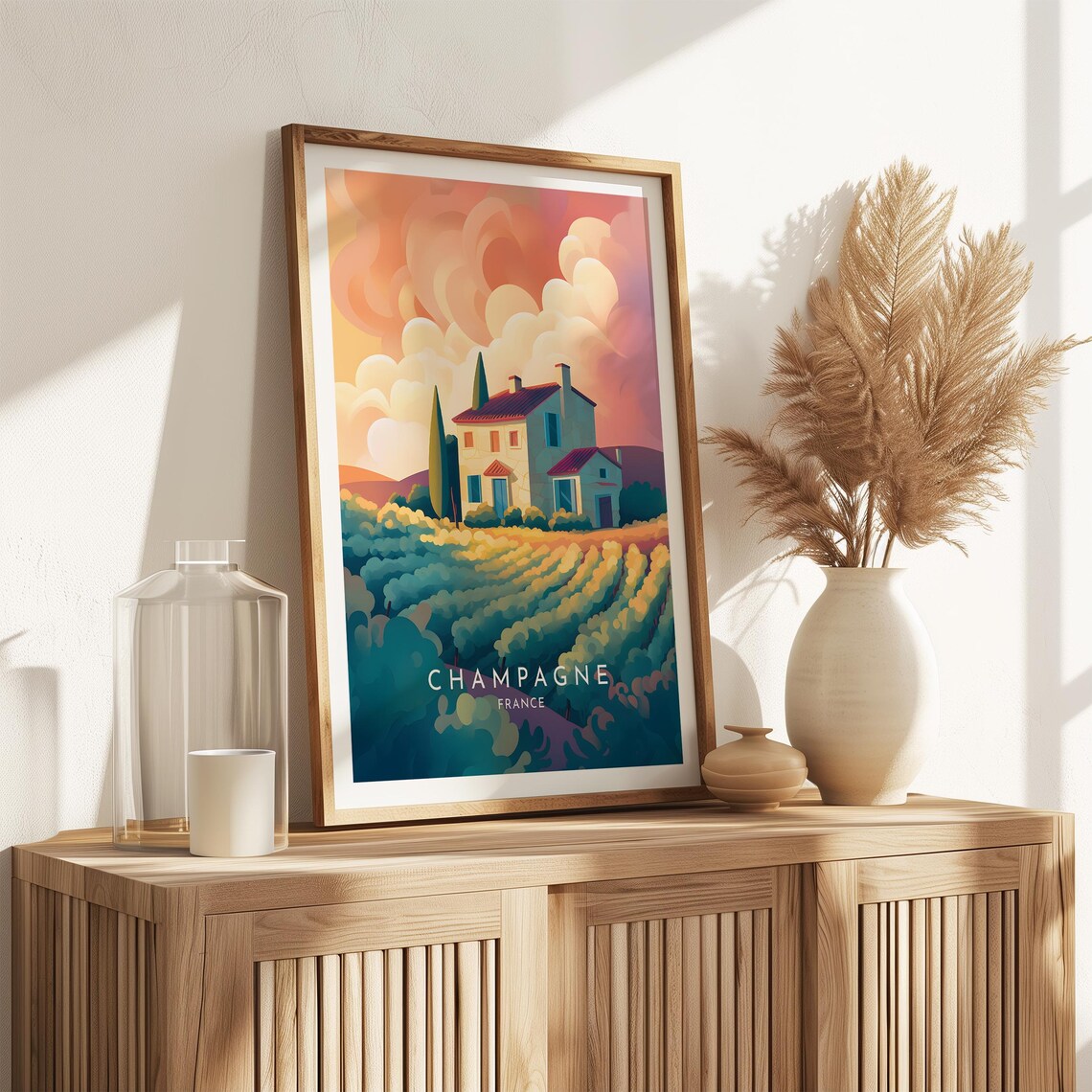 Champagne France Vineyard Farmhouse Sunset Countryside Travel Poster - Image 2