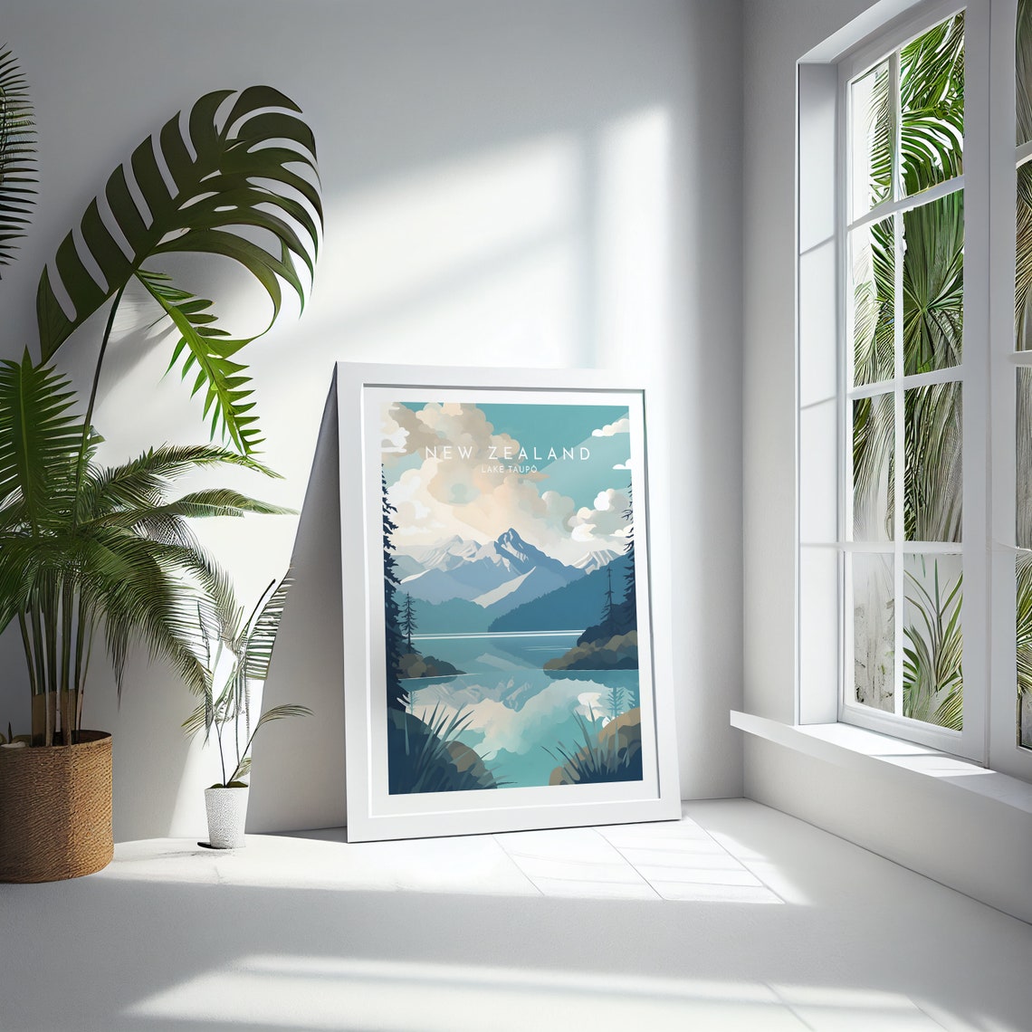 New Zealand Lake Taupo Mountain Reflection Serene Lakeside Poster - Image 4