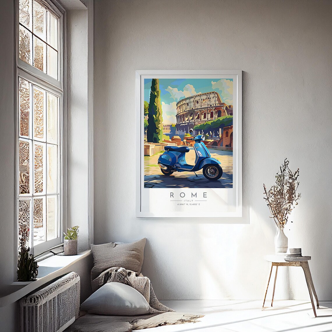 Rome Blue Vespa Scooter Colosseum Cobblestone Vintage Travel Poster - Image 4