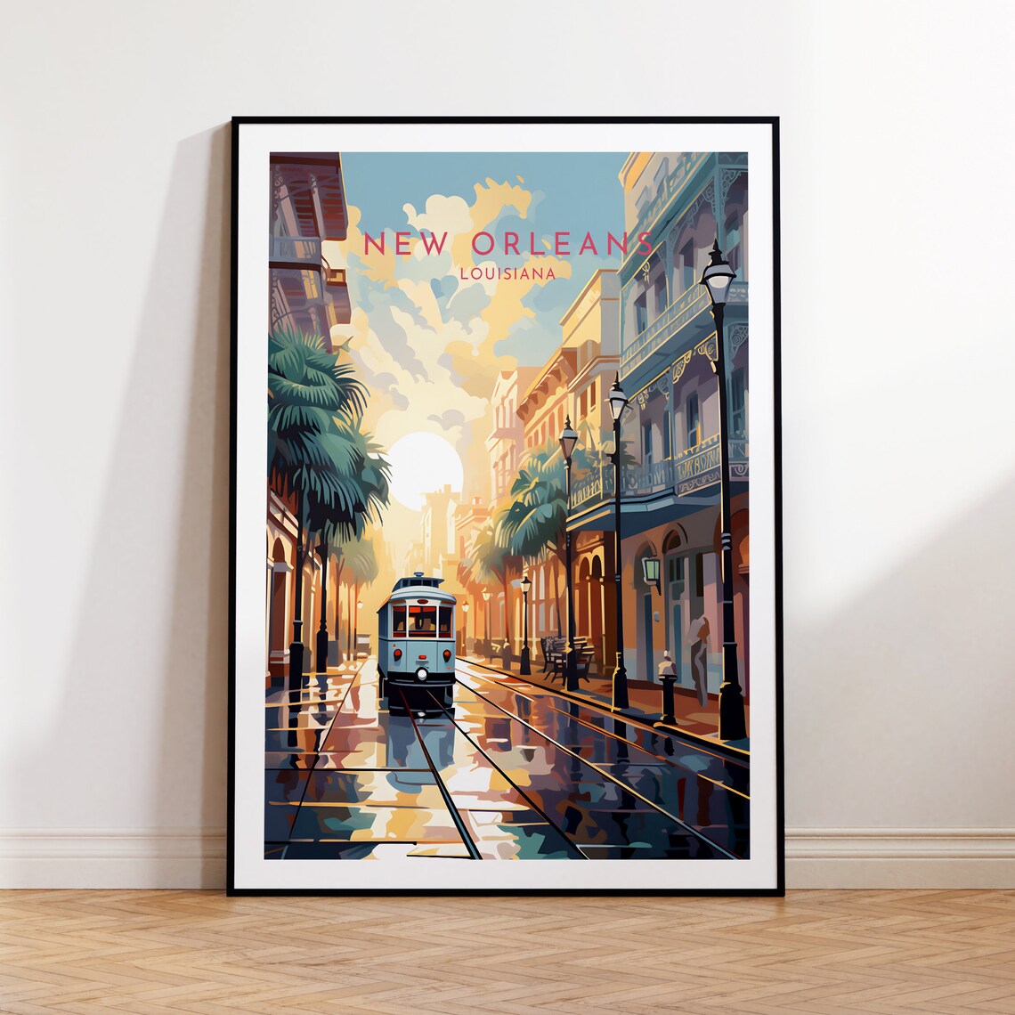 New Orleans Louisiana Streetcar Wet Palm Street Golden Hour Poster