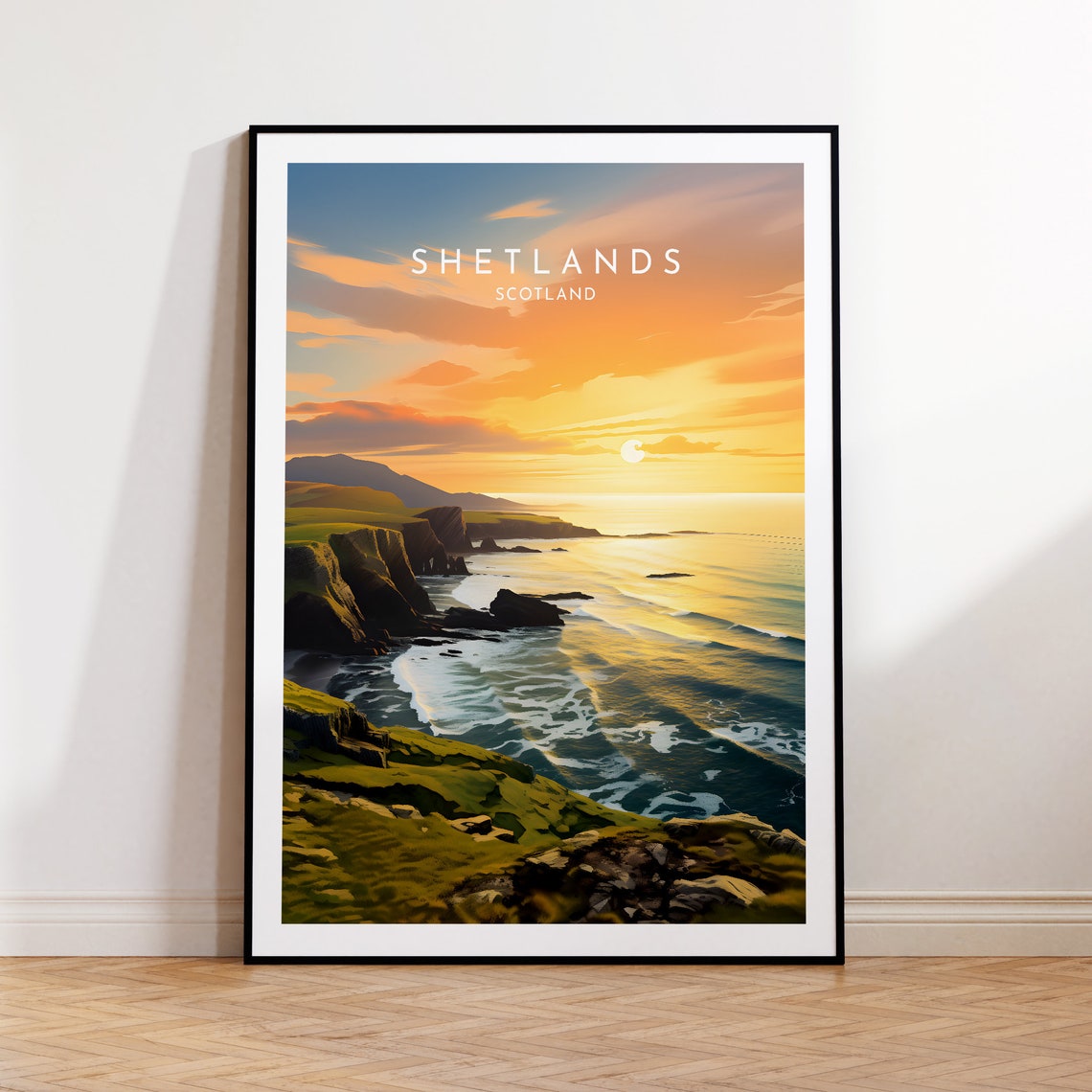 Shetlands Scotland Sunset Coast Cliffs Travel Poster over the Sea