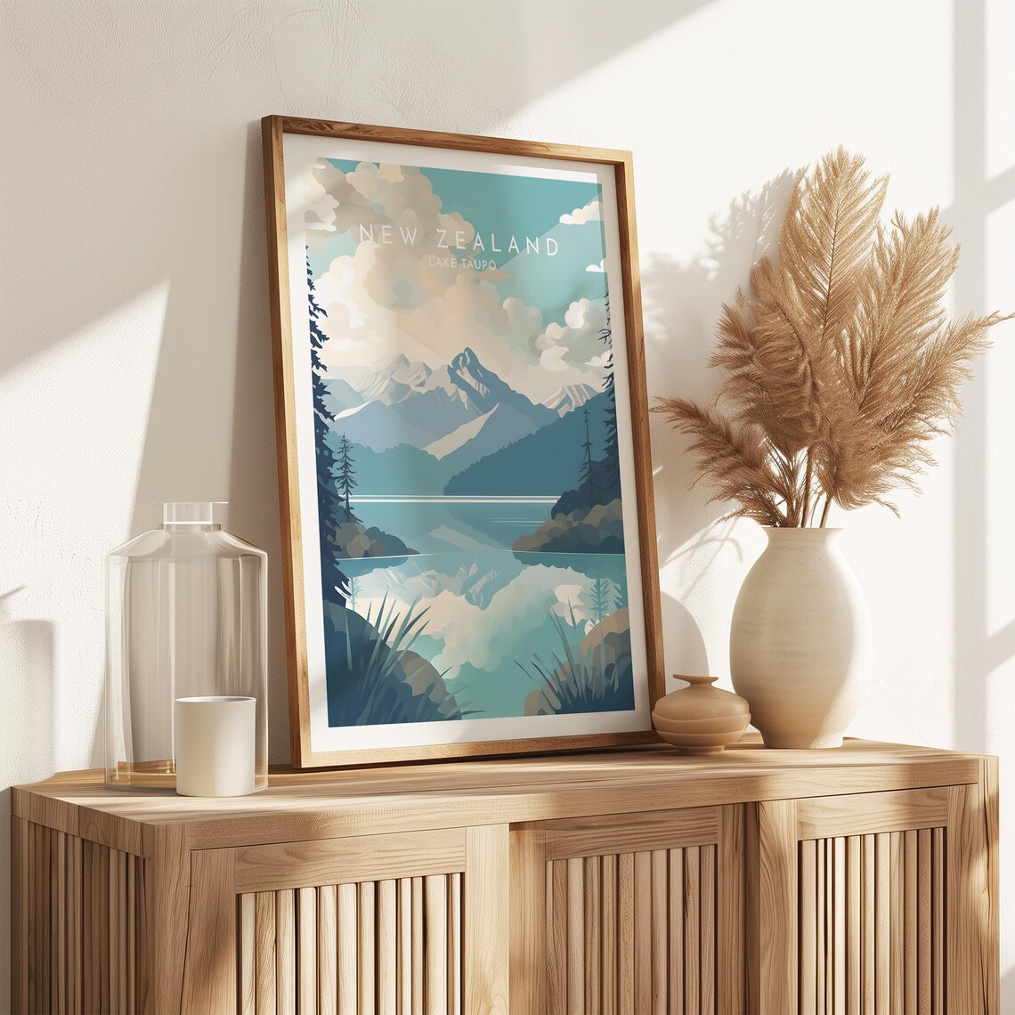 New Zealand Lake Taupo Mountain Reflection Serene Lakeside Poster - Image 2