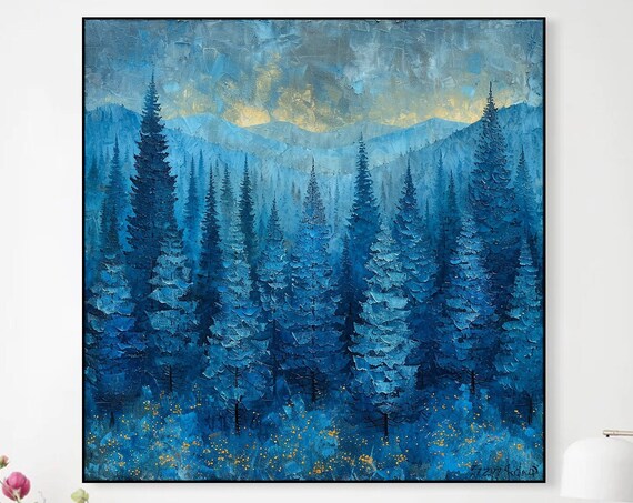 3d Original Blue Forest Oil Painting On Framed Abstract Textured Wall Art Nature Landscape Wall Art Living Room Decor Custom Painting