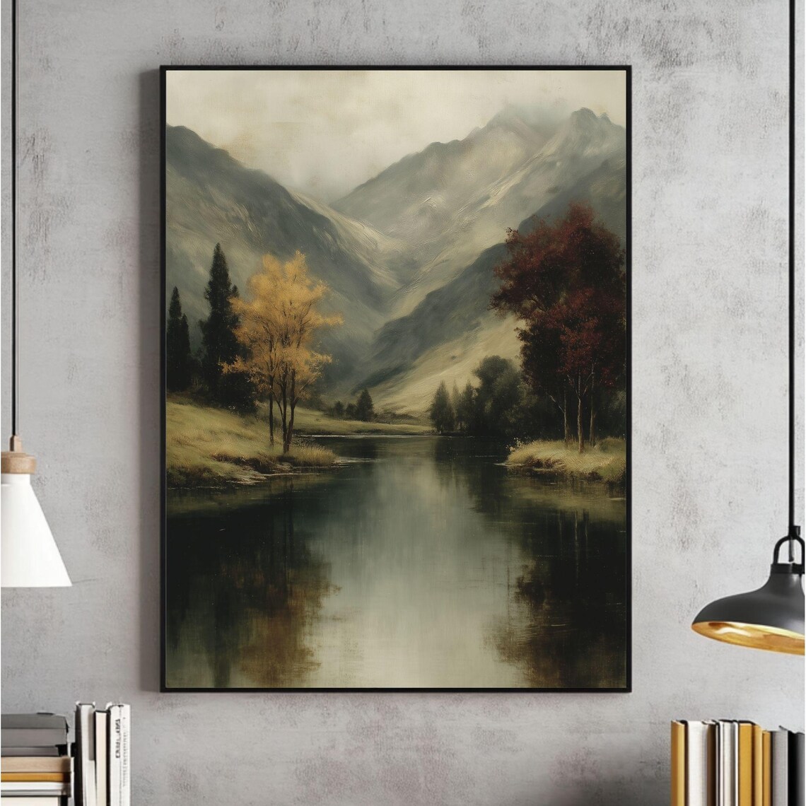 Moody Autumn Lake Landscape Oil Painting Fall Trees Mountain Art Poster
