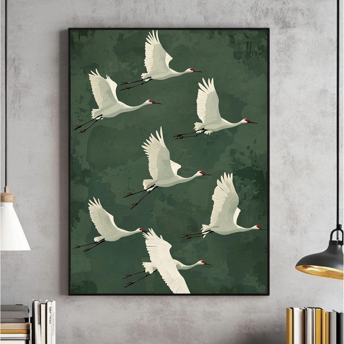 Seven White Cranes Flying Japandi Green Bird Serene Nature Wall Art