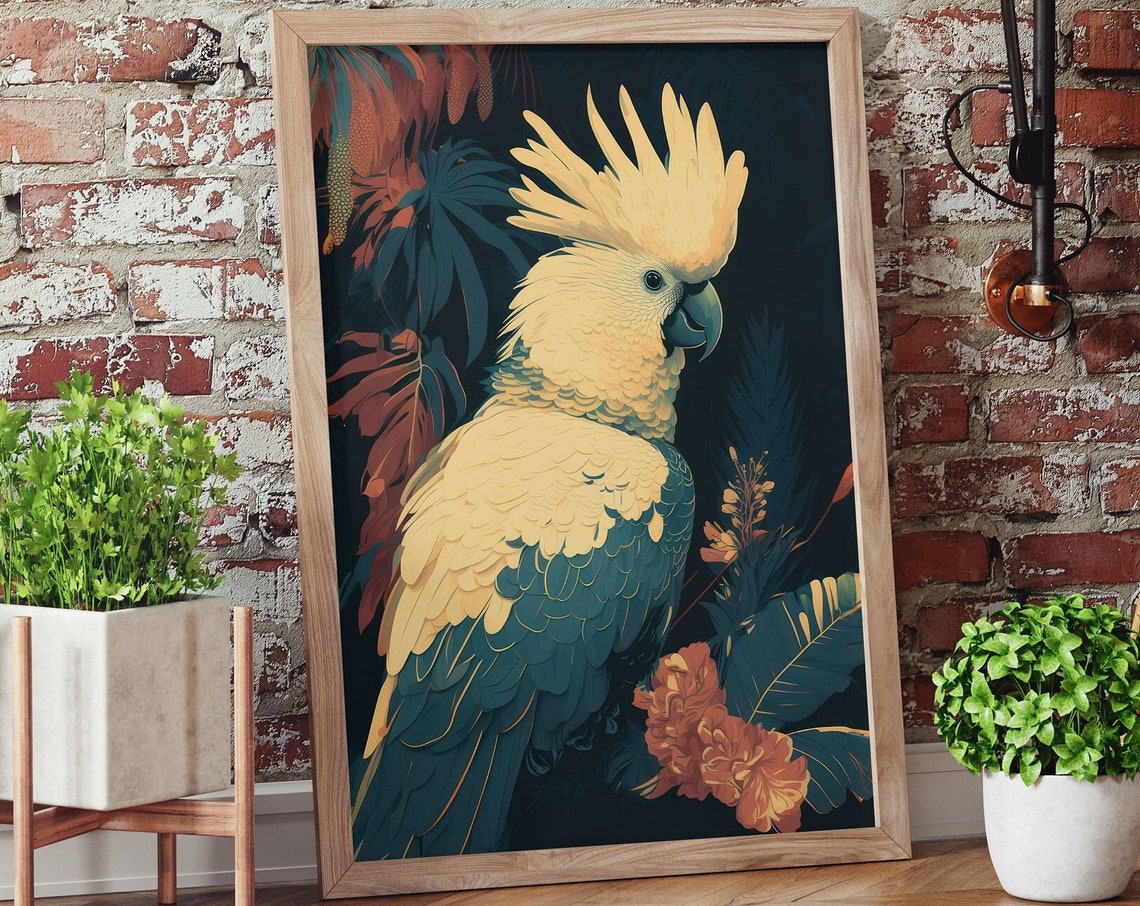 White Cockatoo Tropical Bird Dark Moody Jungle Botanical Poster