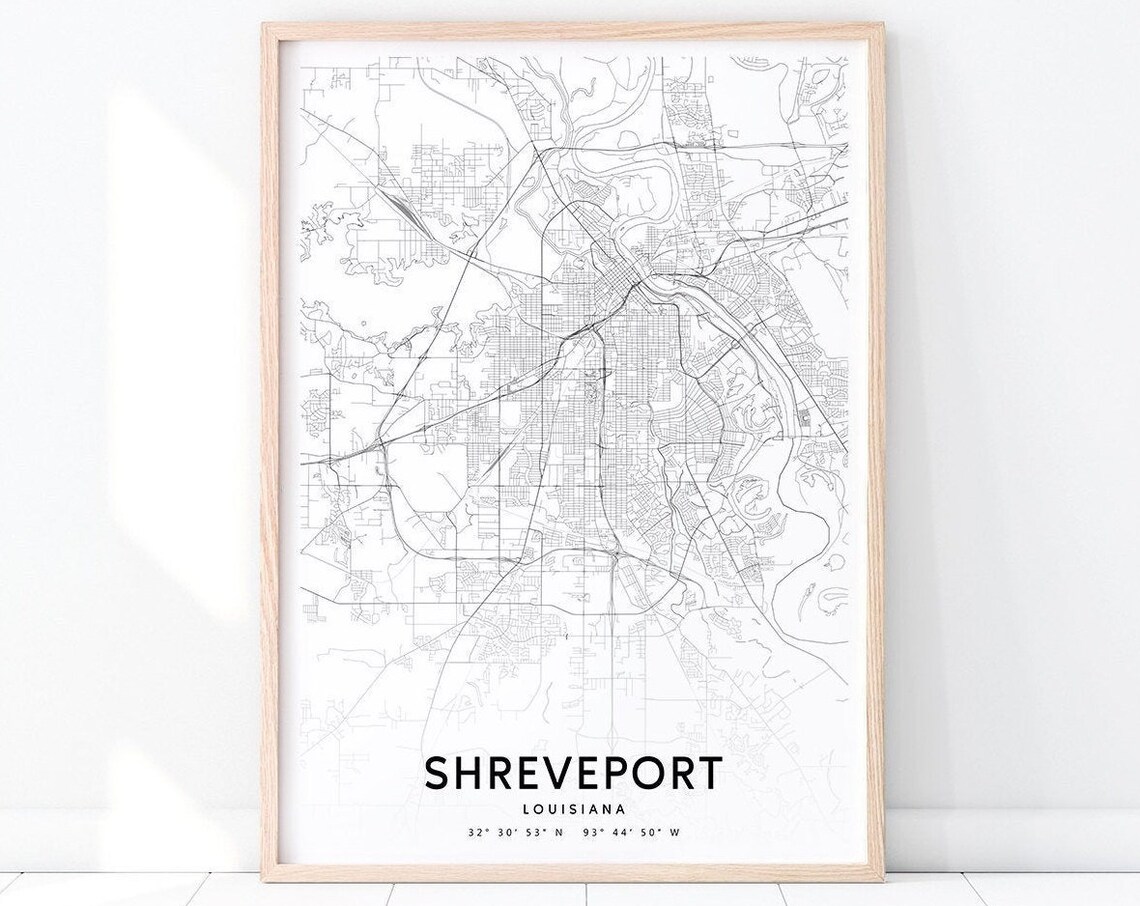 Shreveport Louisiana City Street Map Modern Black White Wall Art