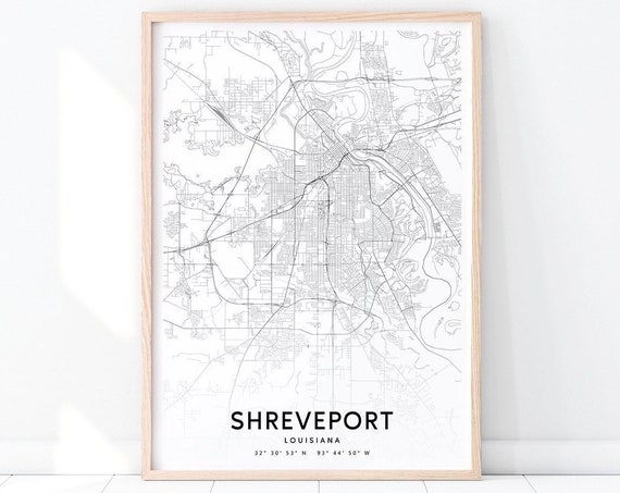Shreveport Map Print Louisiana Art Poster City Street Road Black White Modern Wall Home Office Decor