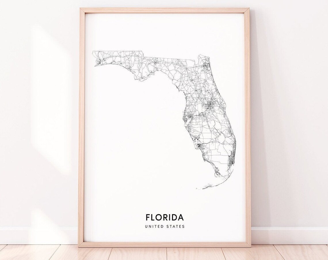 Florida Map Print, Modern State Road Poster