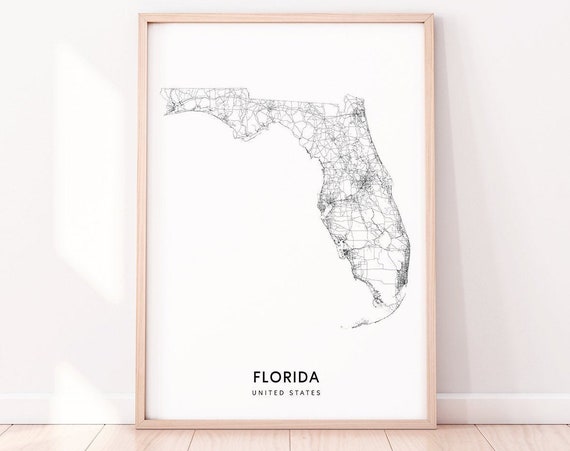 Florida Map Print, Modern State Road Poster