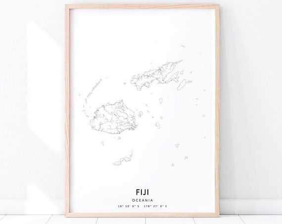 Fiji Map Art Print Poster Oceania Black White Minimalist Modern Wall Neutral Home Office Decor