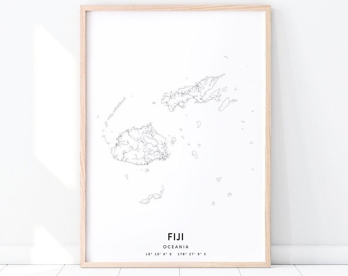 Fiji Map Art Print Poster Oceania Black White Minimalist Modern Wall Neutral Home Office Decor
