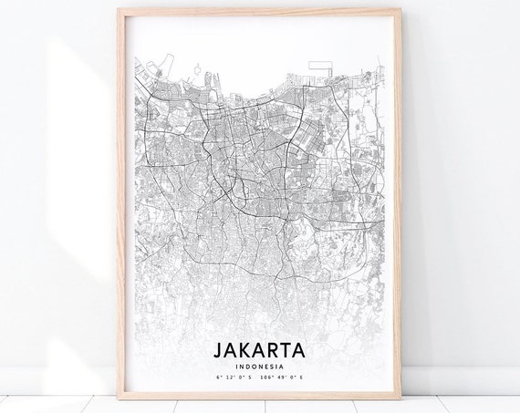 Jakarta Map Print Indonesia Art Poster City Street Road Black White Modern Wall Office Decor