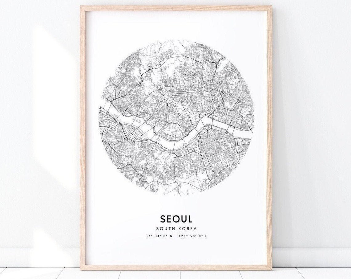 Seoul South Korea Circular Street Map Black White Minimalist Poster