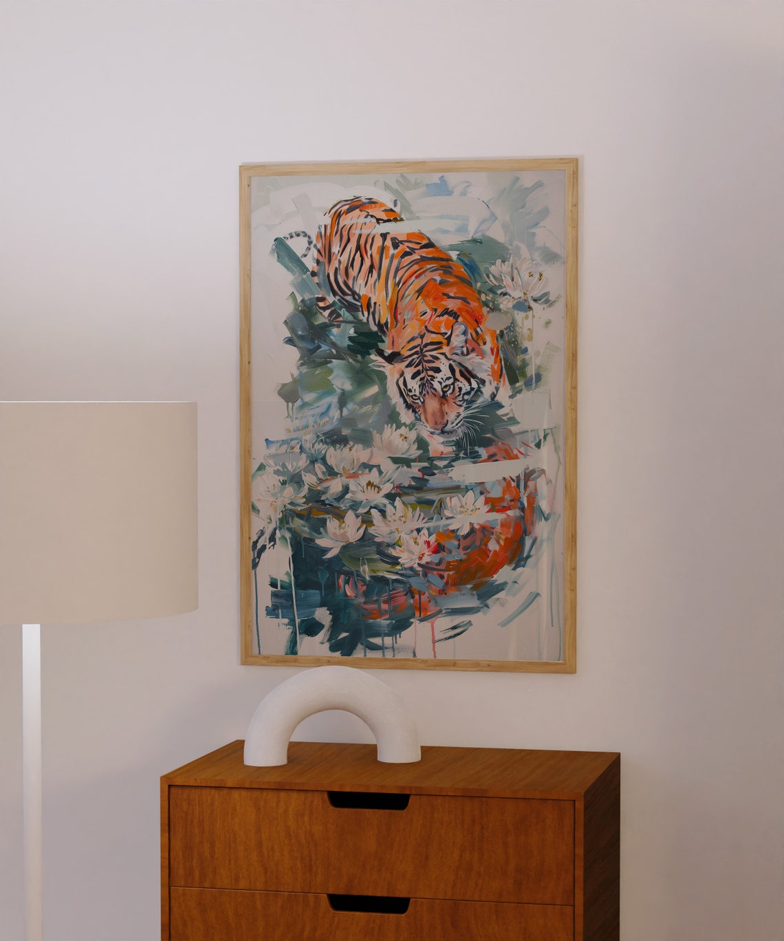 Leaping Tiger Splashing into Water Lily Pond Maximalist Art Poster - Image 2