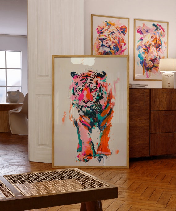Colorful Abstract Tiger Walking Expressive Brushwork Art Poster