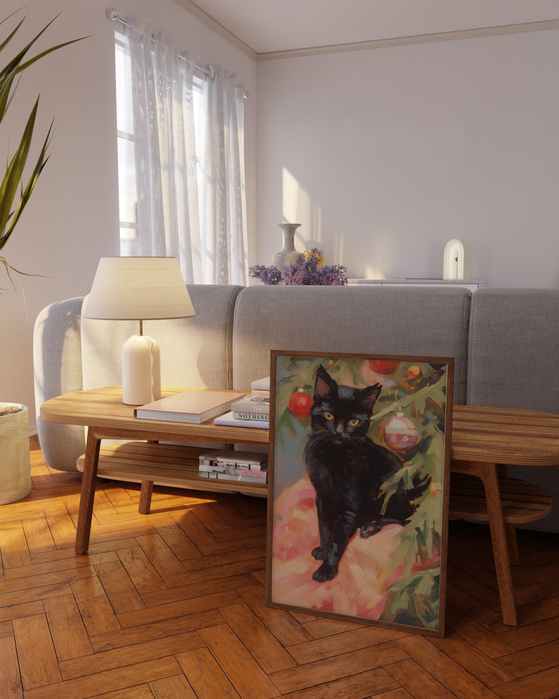 Black Cat Beside A Decorated Christmas Tree Holiday Art Poster - Image 2
