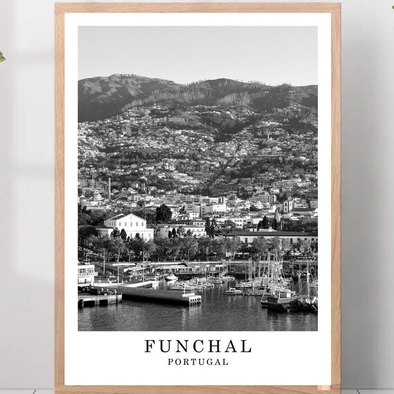Funchal Portugal Madeira Harbor View Black And White Travel Photo Poster