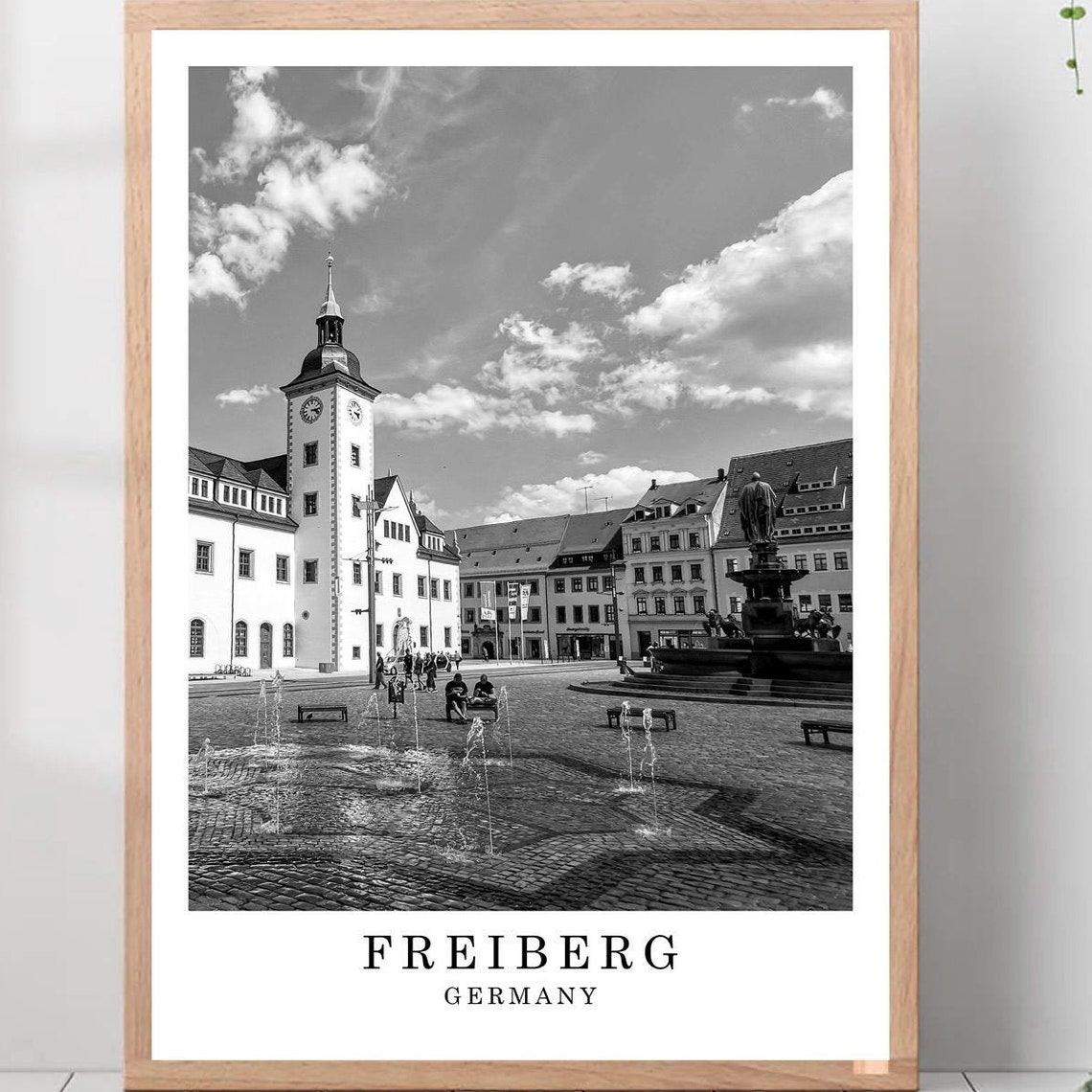 Freiberg Obermarkt Square Town Hall Black and White Photo Poster