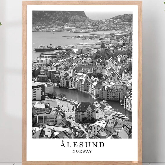 Alesund Norway Art Nouveau Town Aerial Black And White Travel Photo Poster