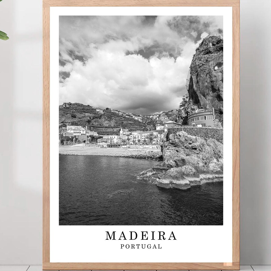 Madeira Portugal Coastal Cliffs Town Black And White Photo Poster