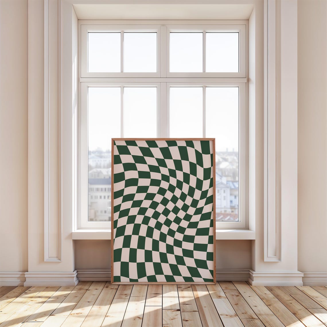 Wavy Checkerboard Pattern Dark Green Cream Retro Abstract Poster - Image 4