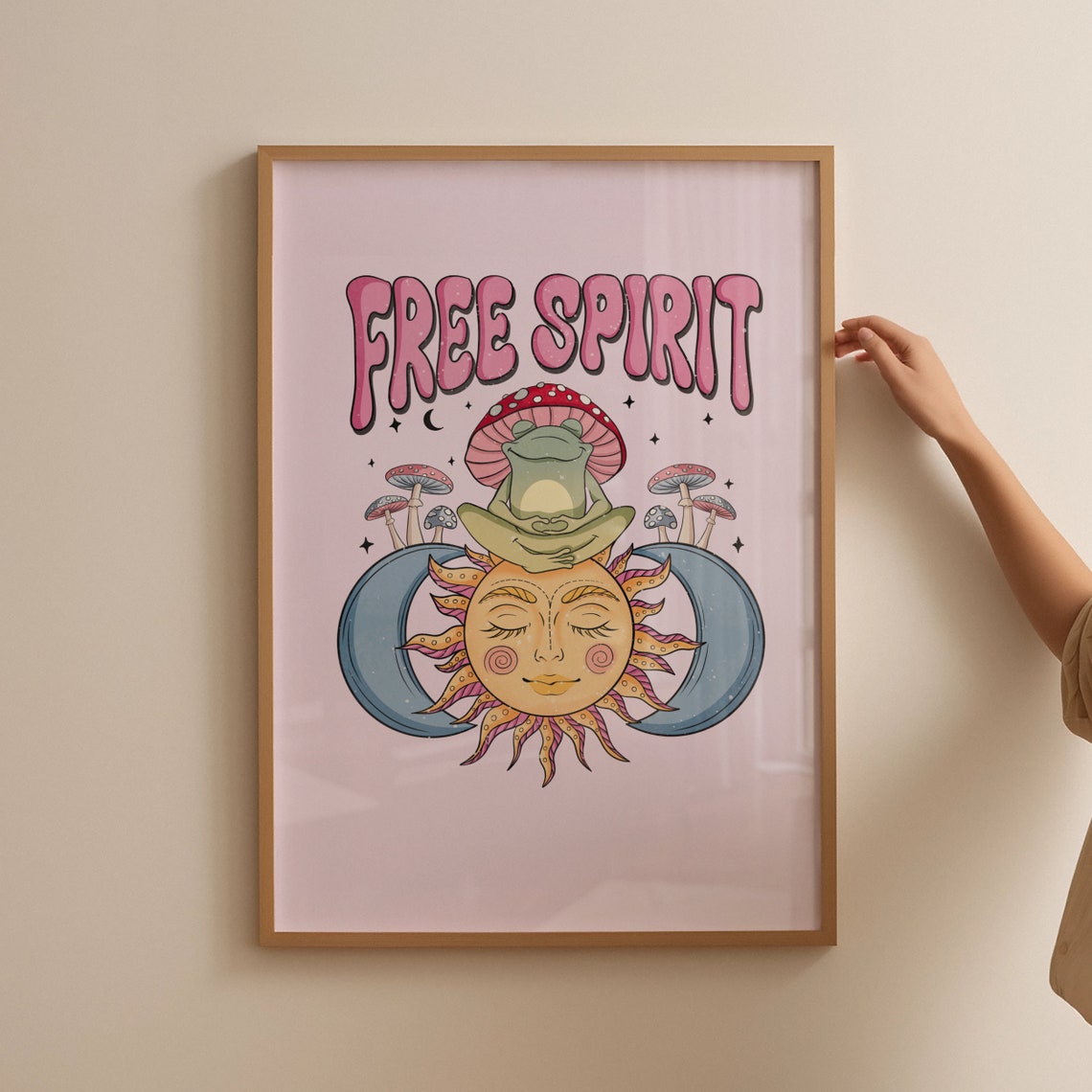 Free Spirit Meditating Frog Poster Celestial Sun Moon Mushroom Decor - Image 4