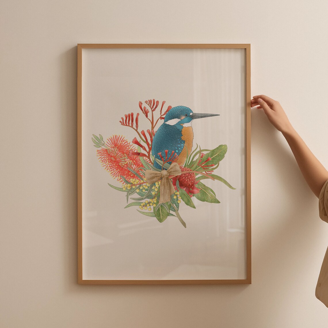 Kingfisher and Australian Native Flowers, Art Print