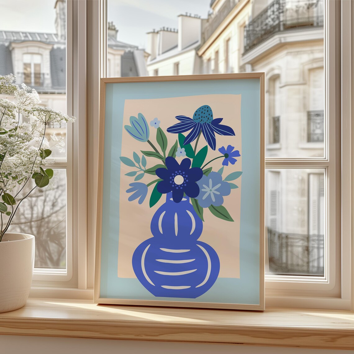 Blue Vase Wildflower Bouquet Mid Century Modern Botanical Art Print - Image 3