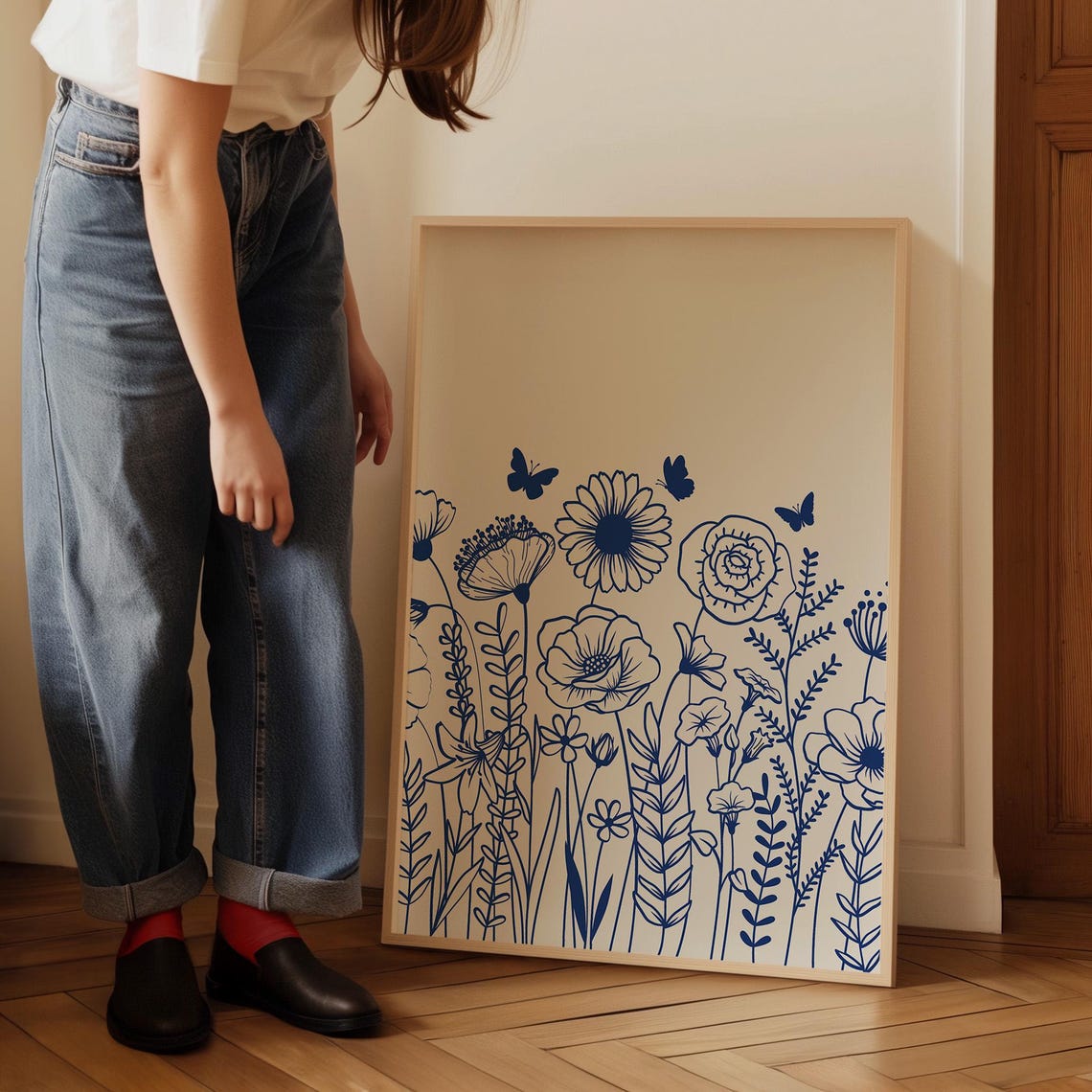 Blue Ink Wildflower Line Art Poster Minimalist Botanical Wall Decor - Image 2
