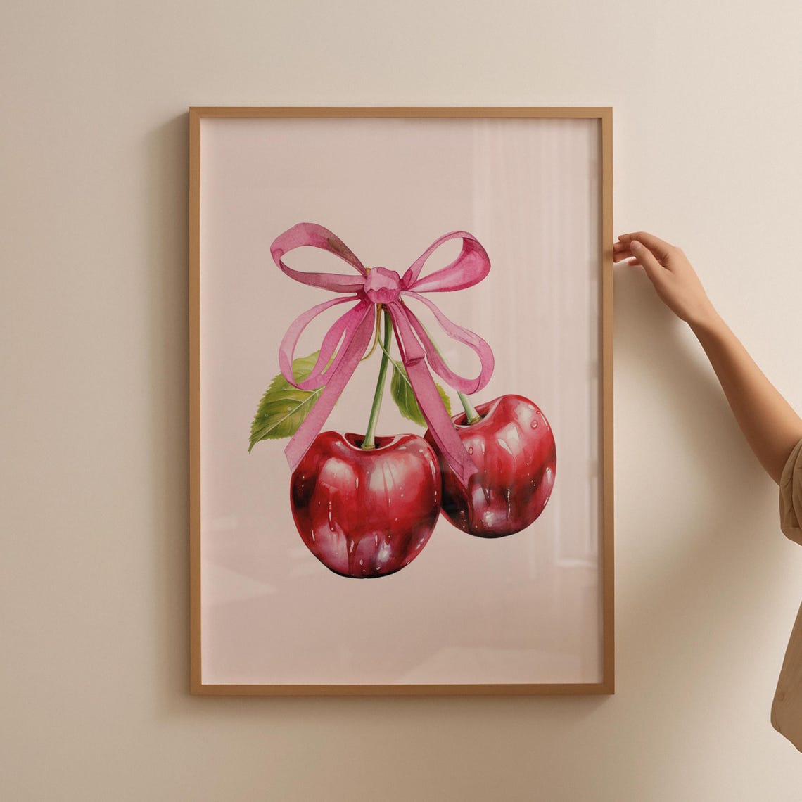 Pink Bow Red Cherries Watercolor Trendy Coquette Room Poster - Image 3