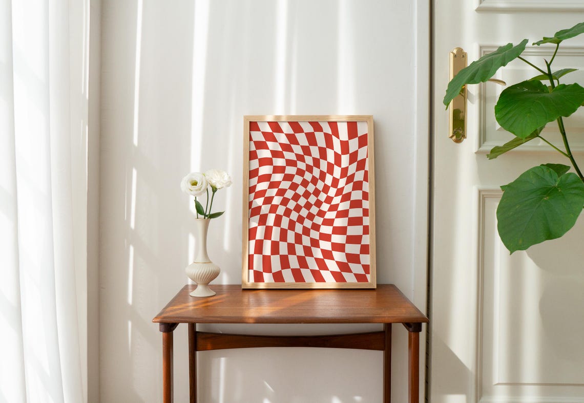 Wavy Red White Checkerboard Pattern Bold Retro Optical Art Poster - Image 3