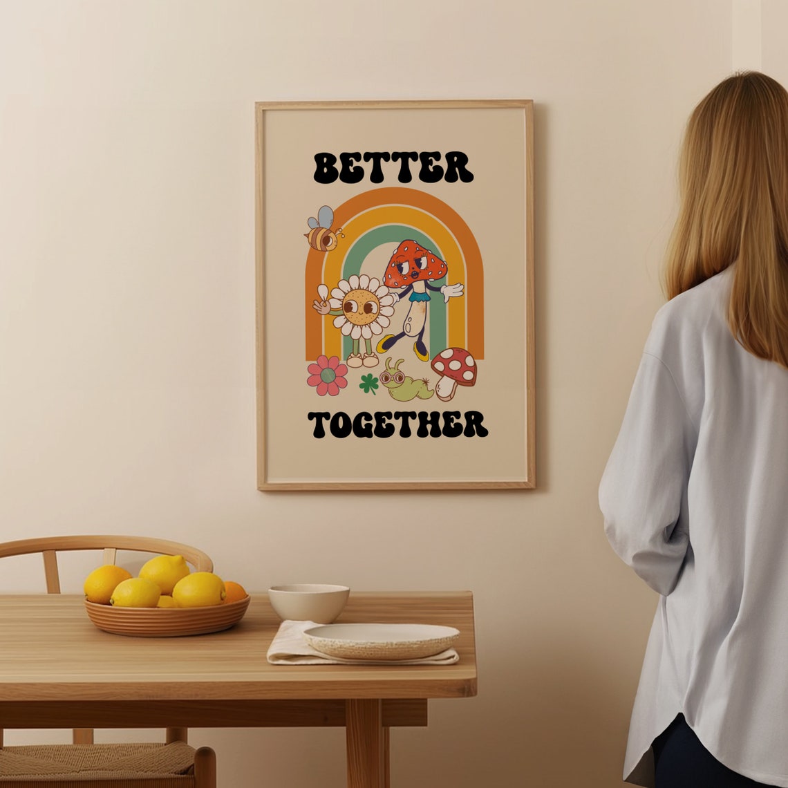Better Together Mushroom Rainbow Cute Retro Characters Poster - Image 4