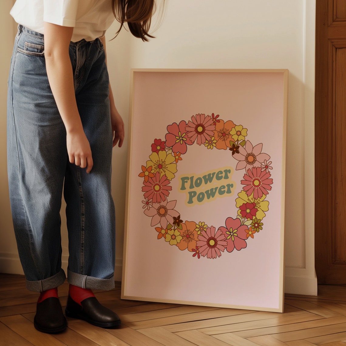 Flower Power Daisy Retro Floral Wreath Hippie Decor Wall Poster - Image 3