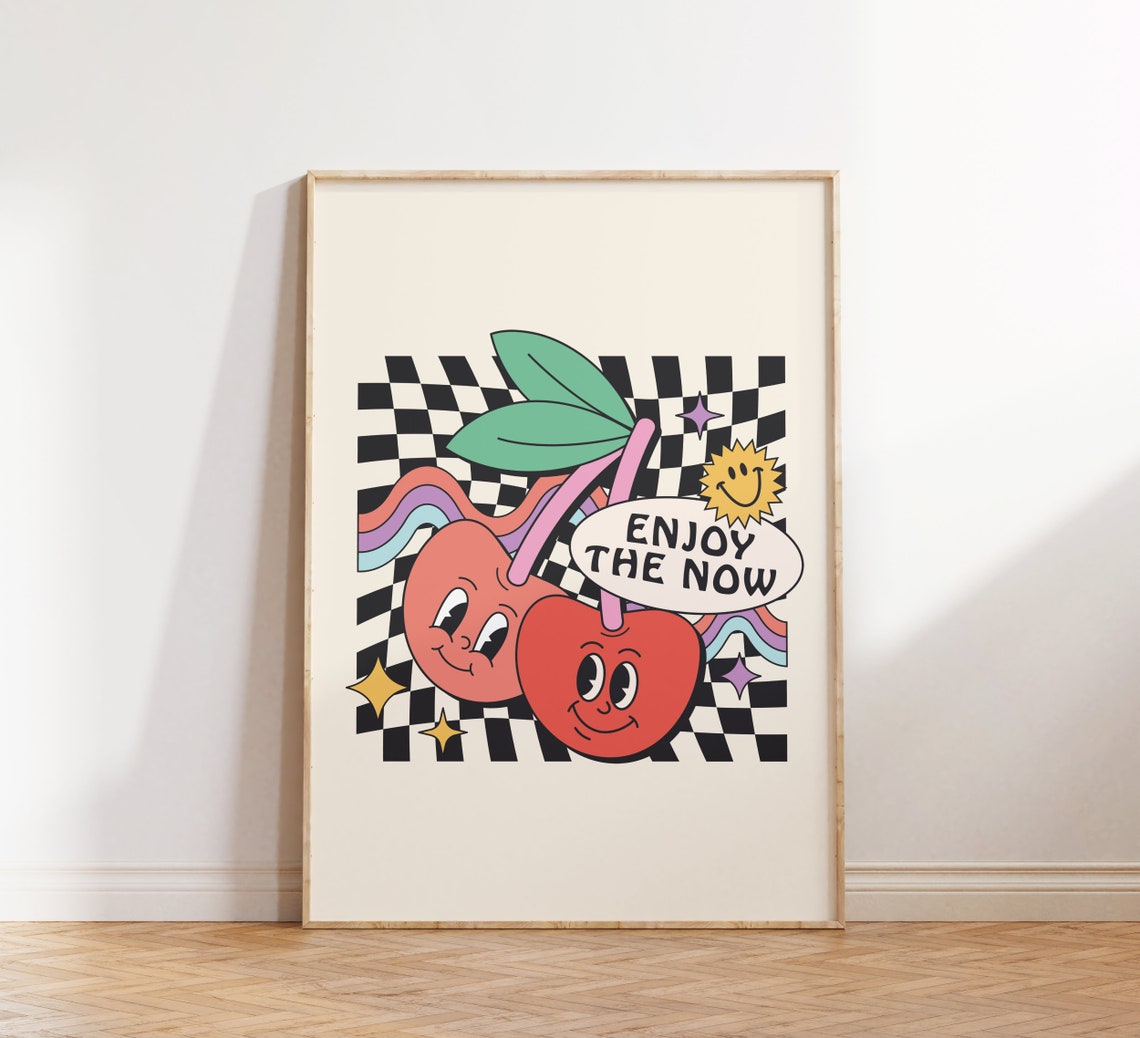 Enjoy The Now Happy Cherries Retro Cartoon Groovy Quote Poster - Image 2