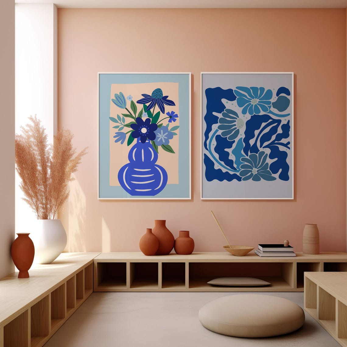Blue Floral Abstract Botanical Two Piece Modern Wall Poster Set - Image 2