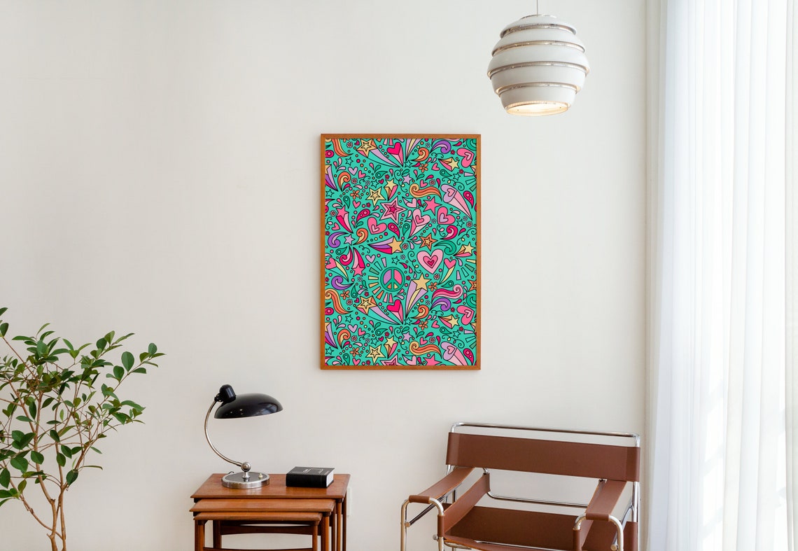 Psychedelic Mint Green Doodle Hearts Stars Peace Sign Poster - Image 4