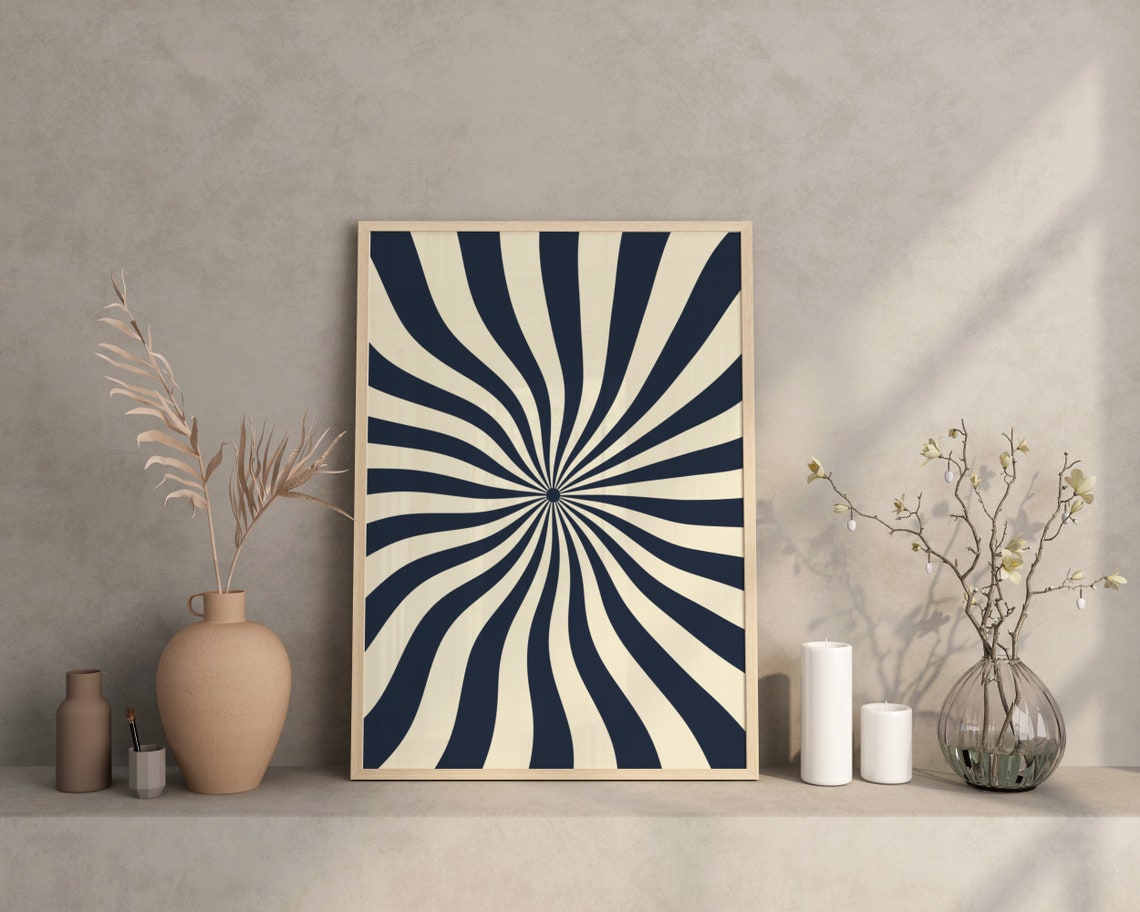 Navy Cream Retro Sunburst Swirl Optical Illusion Abstract Art Print - Image 4