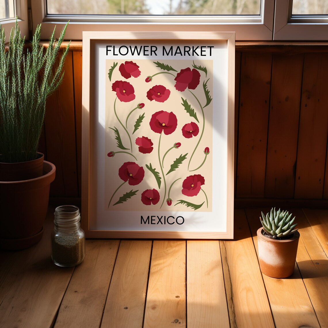 Flower Market Mexico Red Poppy Botanical Travel Art Wall Poster - Image 3